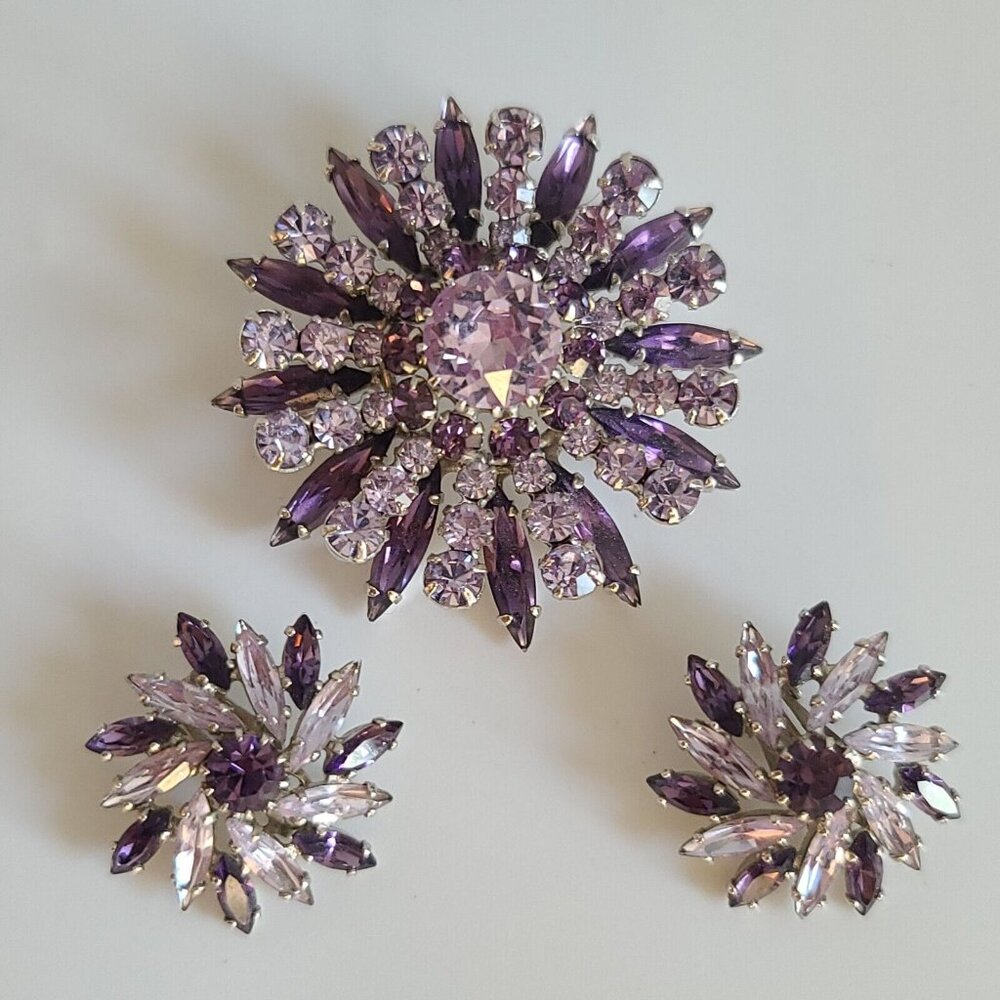 Sherman Swarovski Amethyst Purple Circle Brooch Pin Clip On Earrings Set Navette
